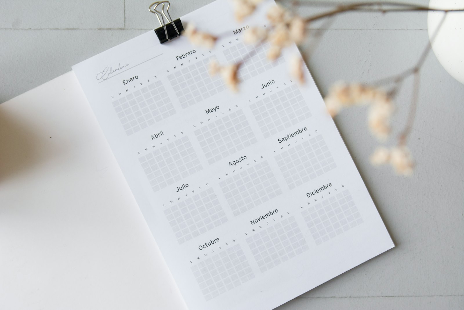 A printed calendar showing all twelve months of a year, held by a binder clip on a gray table beside a sprig of dried flowers.