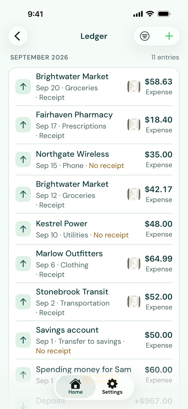 A month in PayeeKit's ledger: groceries, a pharmacy, the phone bill and electric, each with its date, category and receipt, and the bills without one marked No receipt.