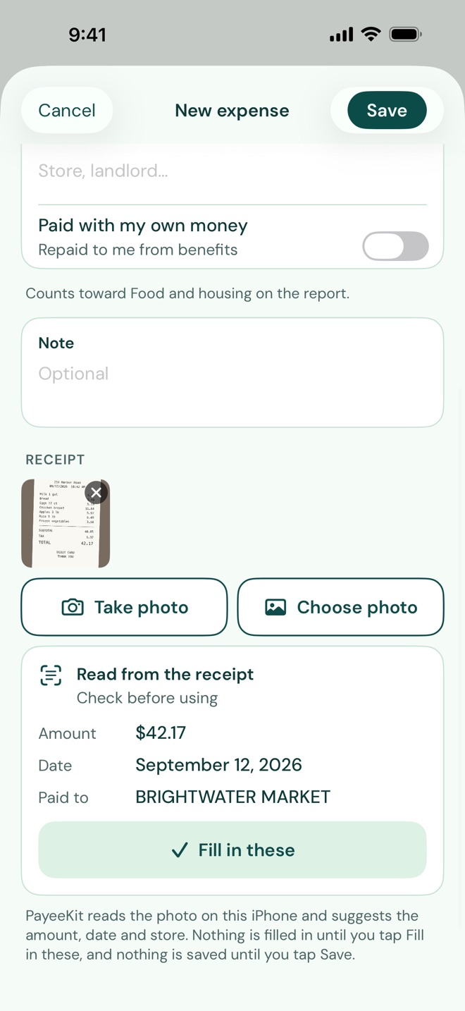 A new expense with a photographed receipt. PayeeKit has read $42.17, September 12, 2026 and Brightwater Market from it, with a button to fill them in.