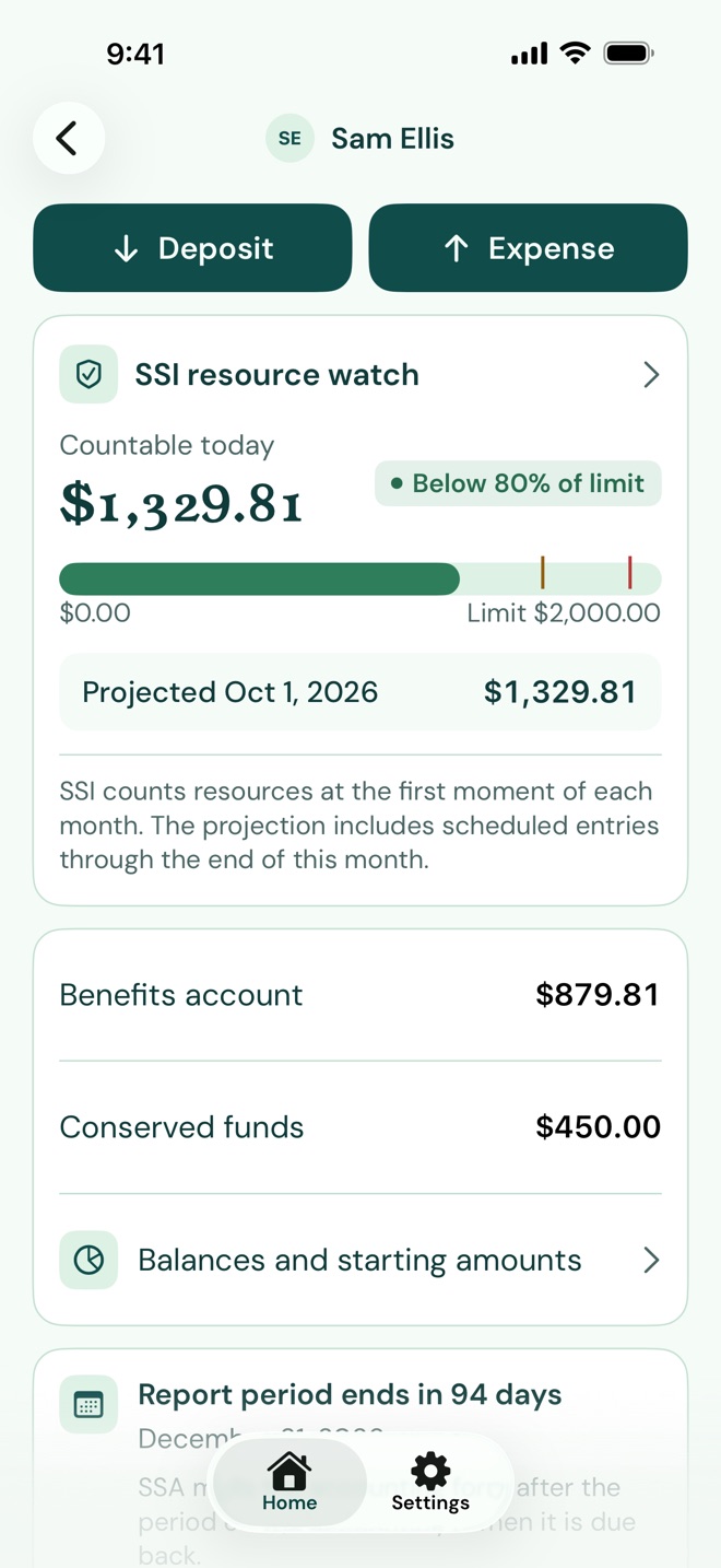 PayeeKit's SSI resource watch: $1,329.81 countable today, below 80% of the $2,000 limit, with the same figure projected for October 1.